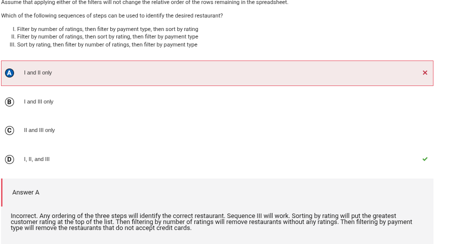 Question 46: Filtering and sorting restaurant data, 2.B